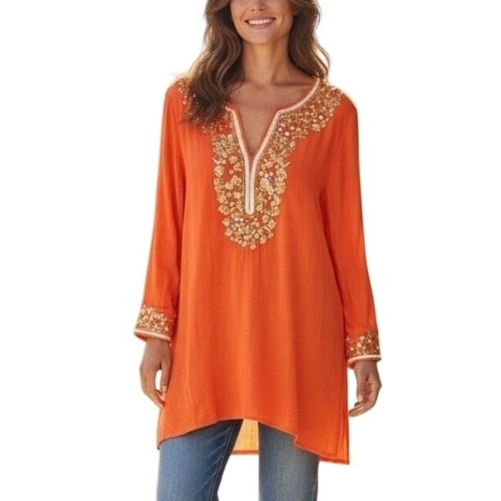 NicoBlu Roxana Orange Gold Sequin Embellished Tunic Top XL Boho Resort Vacation